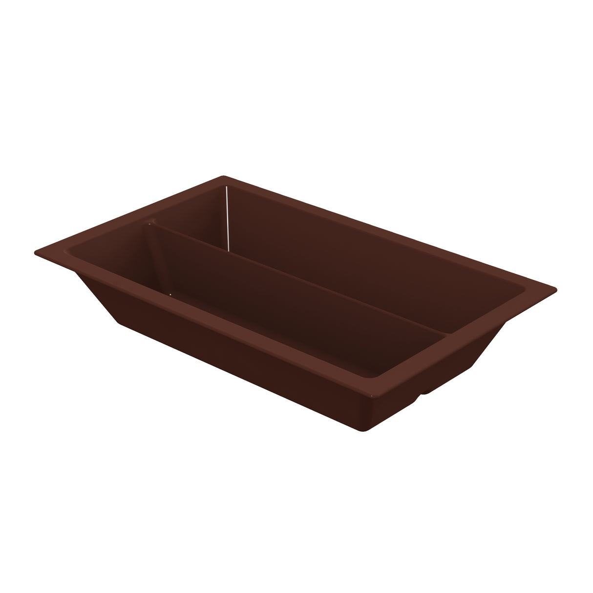 A brown rectangular Aurora Collection Food Pan with Duracoat coated cast aluminum features a central divider creating two compartments. The tray has slanted sides, a flat rim, and is shown against a plain white background.
