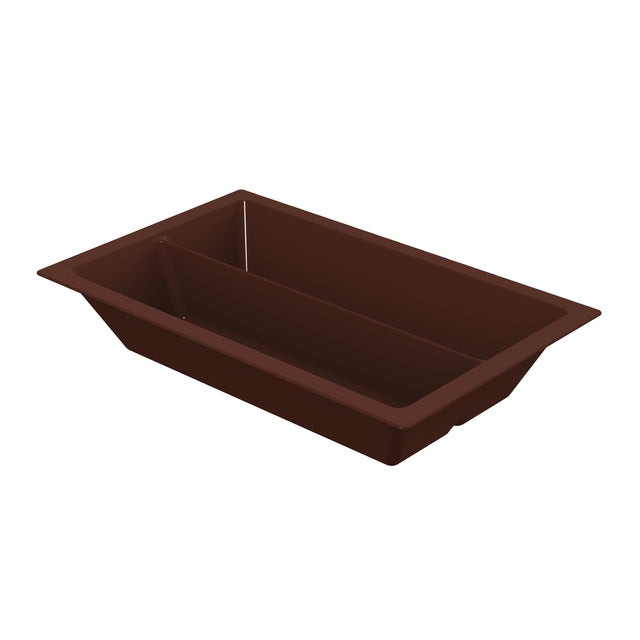 A brown rectangular Aurora Collection Food Pan with Duracoat coated cast aluminum features a central divider creating two compartments. The tray has slanted sides, a flat rim, and is shown against a plain white background.