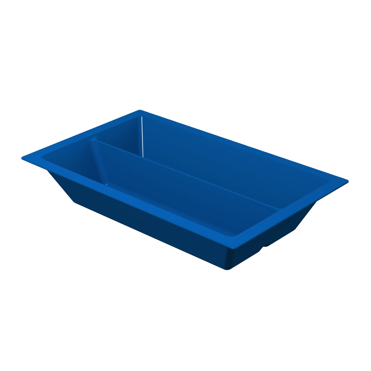 A rectangular, blue plastic food pan tray with slightly sloped sides and a central divider creates two separate compartments. The tray is pictured on a white background.