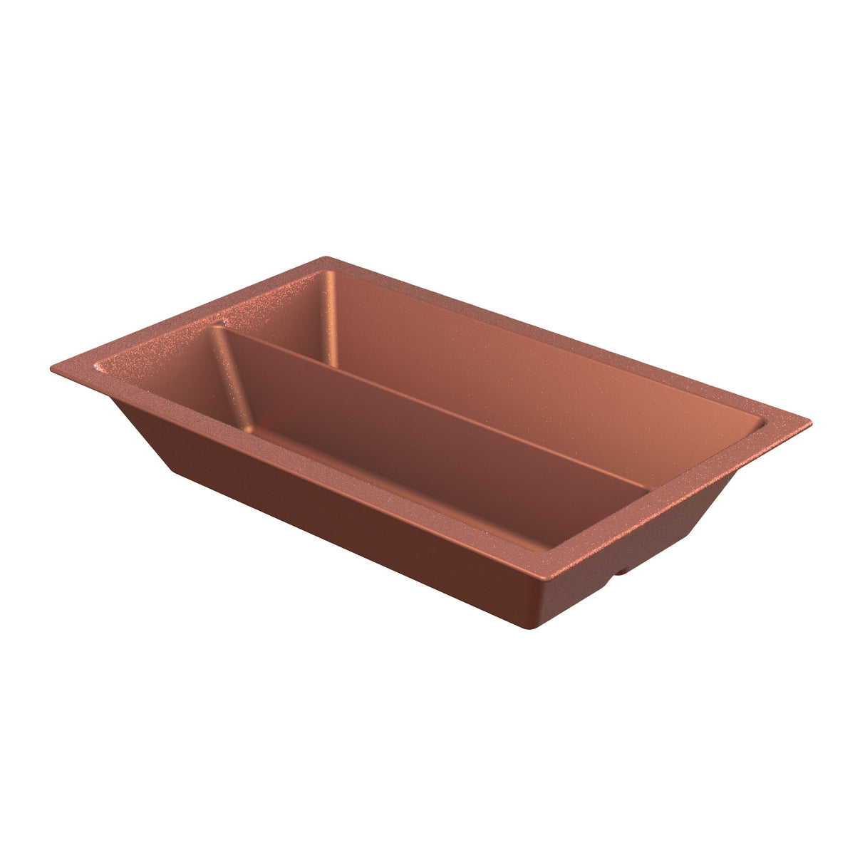A rectangular, copper-colored cast aluminum baking pan with a non-stick surface and a central divider running lengthwise, splitting the food pan into two equal sections. The pan has angled sides and a slightly raised rim for easy handling.