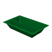 A rectangular, green plastic cold holding food pan from the Aurora Collection, featuring slightly slanted sides and a divider in the middle. Viewed from above against a white background, it shows off its depth and inner partition.