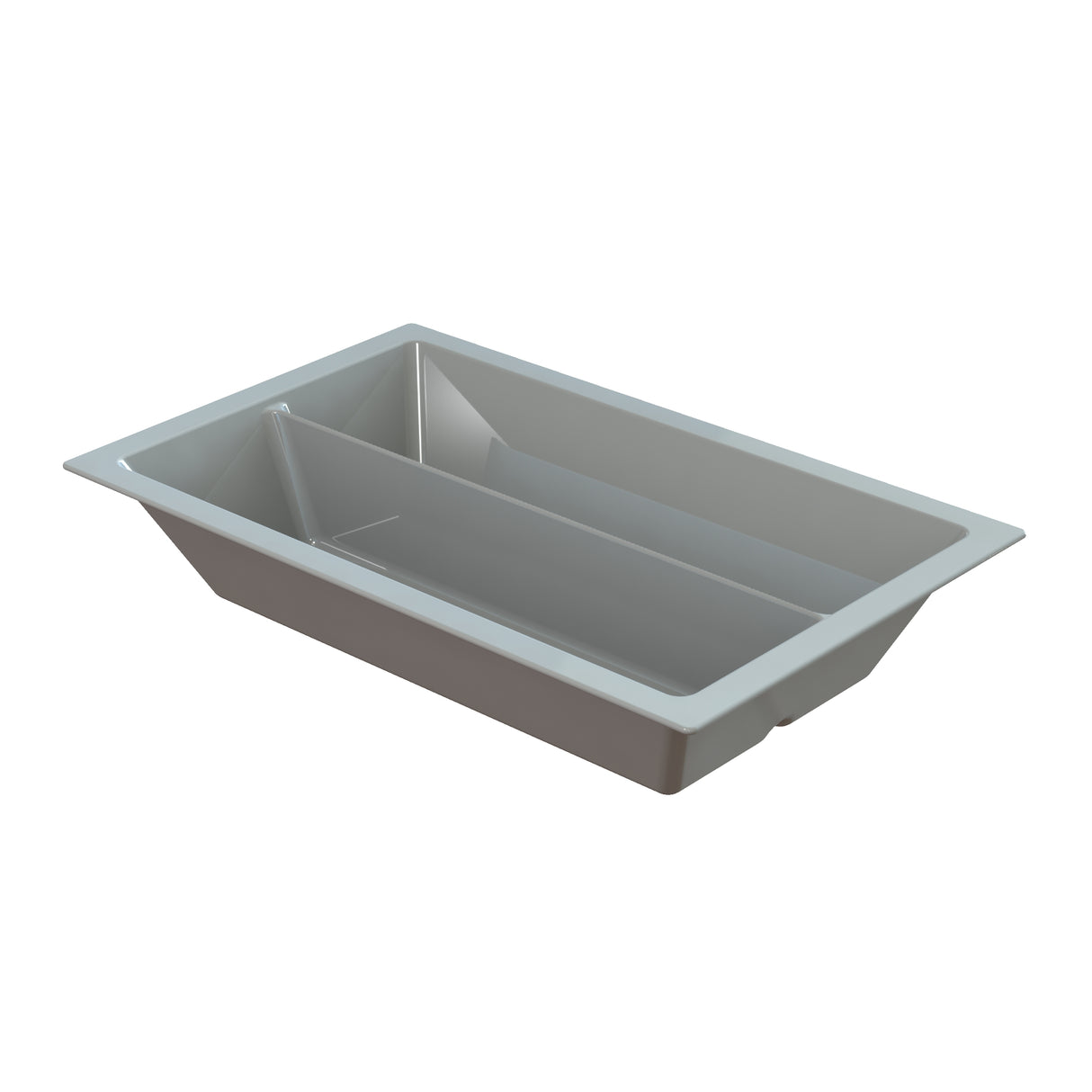 A rectangular, gray cold holding food pan with sloped sides and a center divider, photographed on a white background. The container has a flat rim around the top edge and is ideal for efficient storage or organization.