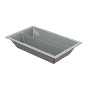 A rectangular, gray cold holding food pan with sloped sides and a center divider, photographed on a white background. The container has a flat rim around the top edge and is ideal for efficient storage or organization.