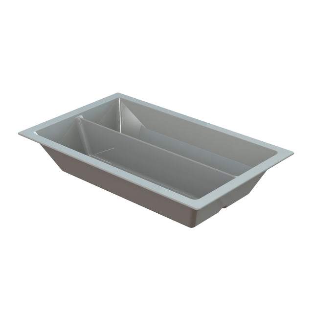 A rectangular, gray cold holding food pan with sloped sides and a center divider, photographed on a white background. The container has a flat rim around the top edge and is ideal for efficient storage or organization.