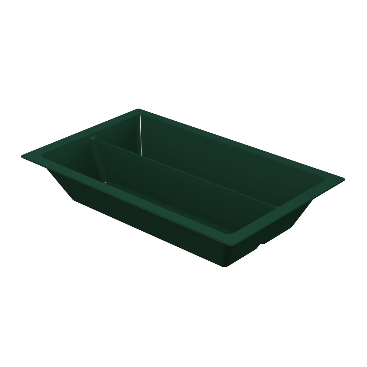 A rectangular, deep green food pan with sloped sides and a wide rim, shown on a white background. The tray appears empty and is photographed at an angle, revealing its depth and smooth interior surfaces—ideal for cold holding.