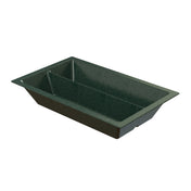 A rectangular, dark green plastic tray with raised edges and a smooth surface, this Aurora Collection Food Pan features a slightly sloped design, shallow depth, and two small indents on one side—ideal for food service or organization.