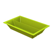 A bright green rectangular Aurora Collection Food Pan with a divider in the center, shown empty and angled slightly to the right, set against a plain white background.