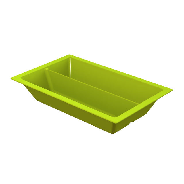 A bright green rectangular Aurora Collection Food Pan with a divider in the center, shown empty and angled slightly to the right, set against a plain white background.