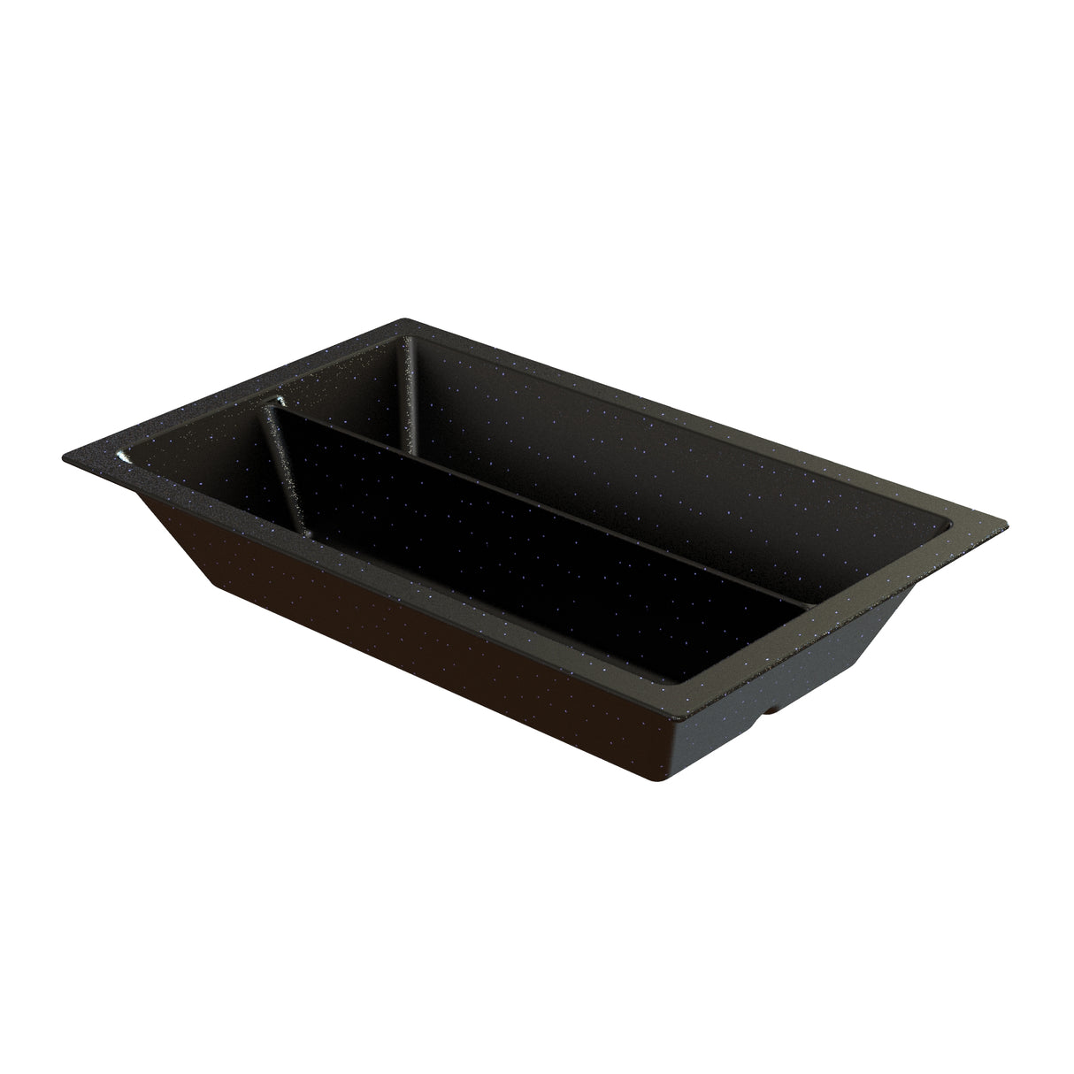 Rectangular black speckled cast aluminum loaf pan with flared sides, flat base, and a glossy finish, shown on a white background. The pan appears deep and sturdy, suitable for baking bread or cakes.