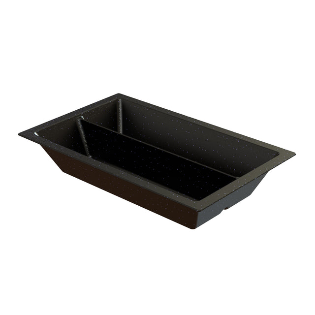 Rectangular black speckled cast aluminum loaf pan with flared sides, flat base, and a glossy finish, shown on a white background. The pan appears deep and sturdy, suitable for baking bread or cakes.