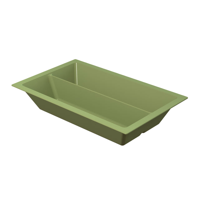 A rectangular, light olive-green plastic tray with a central divider creating two equal compartments. This dishwasher safe tray features slightly sloped sides and a flat rim, and is shown on a white background.