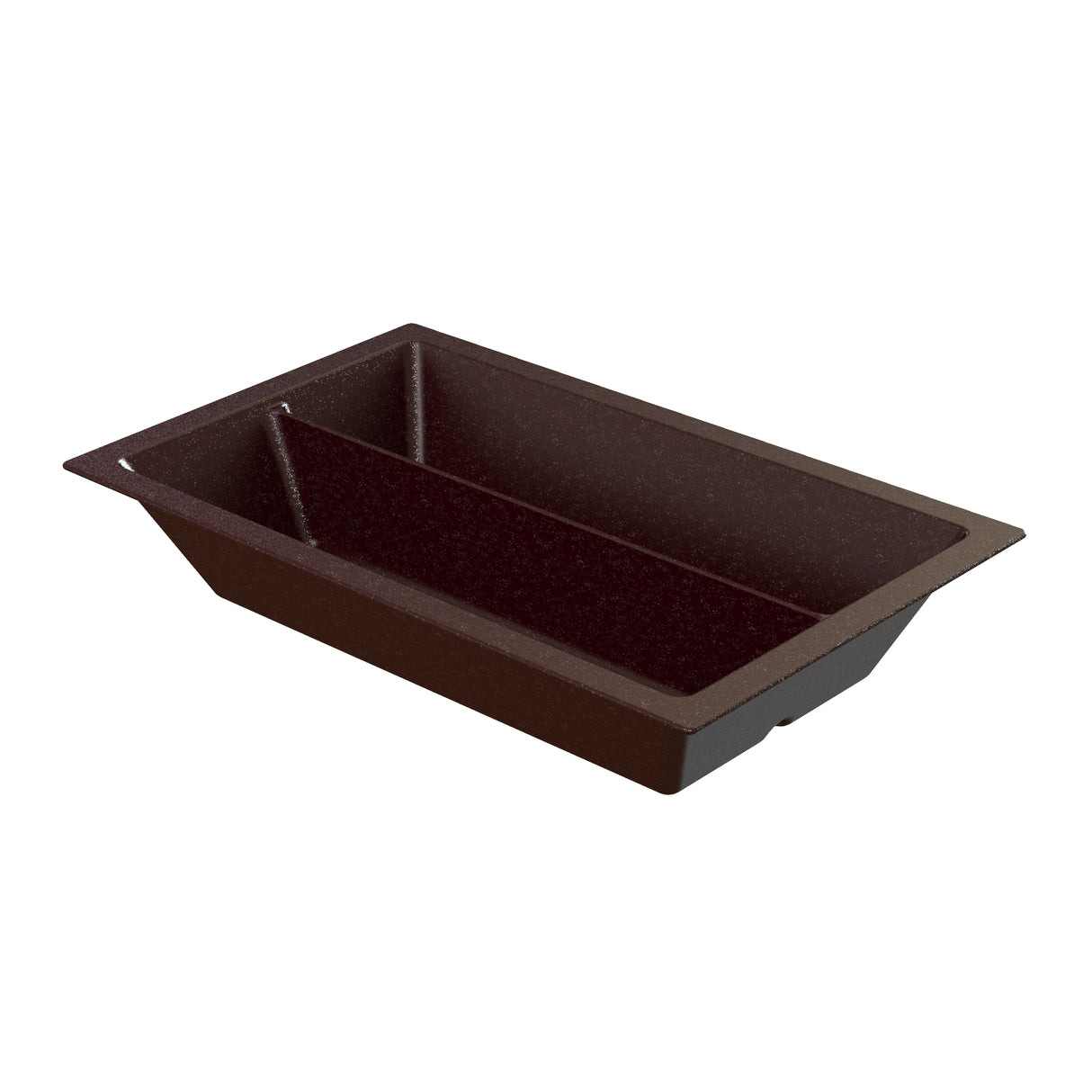 A rectangular, dark brown, cast aluminum bread loaf food pan with sloped sides and a divider for baking two smaller loaves at once. The slightly speckled nonstick surface and flared edges make handling easy.