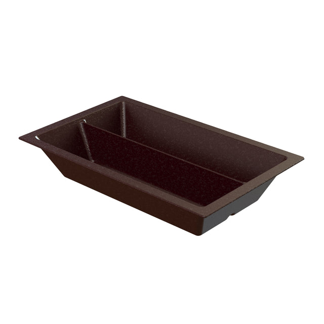 A rectangular, dark brown, cast aluminum bread loaf food pan with sloped sides and a divider for baking two smaller loaves at once. The slightly speckled nonstick surface and flared edges make handling easy.