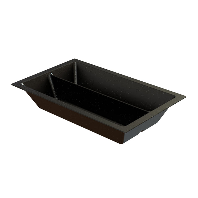 Rectangular black Duracoat coated cast aluminum loaf pan with slightly sloped sides and a speckled finish, viewed from an angle to show its depth. Wide edges and smooth surface make it ideal for baking bread or cakes.