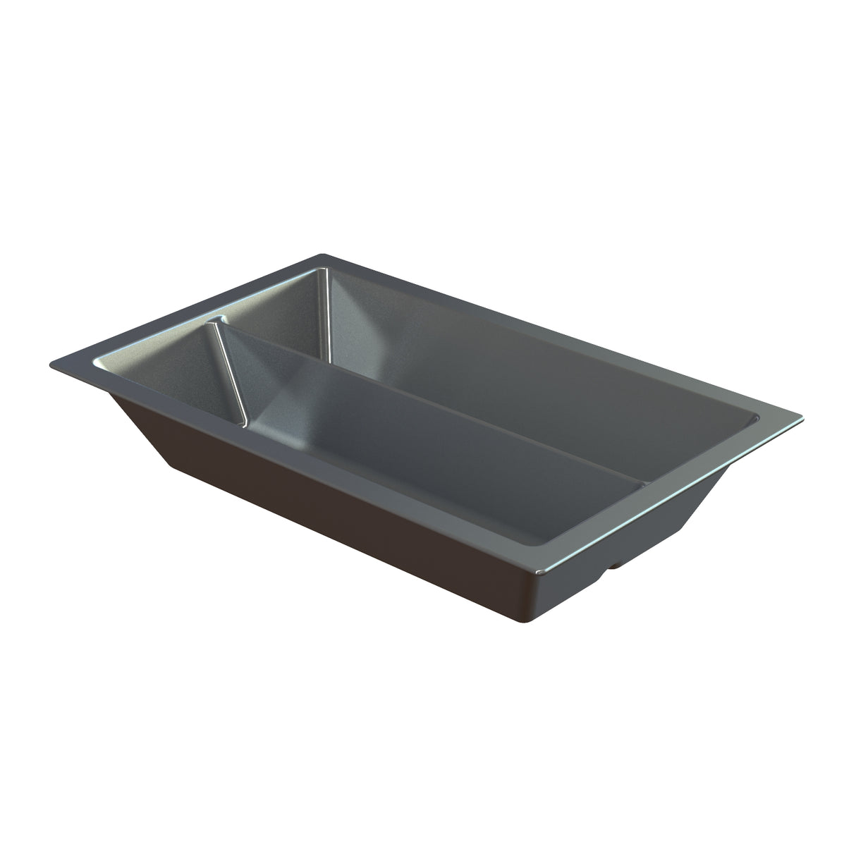 A rectangular, deep, black Aurora Collection Food Pan with a single divider running lengthwise, creating two equal compartments. The cast aluminum food pan features slightly flared edges and a smooth surface, photographed on a white background.