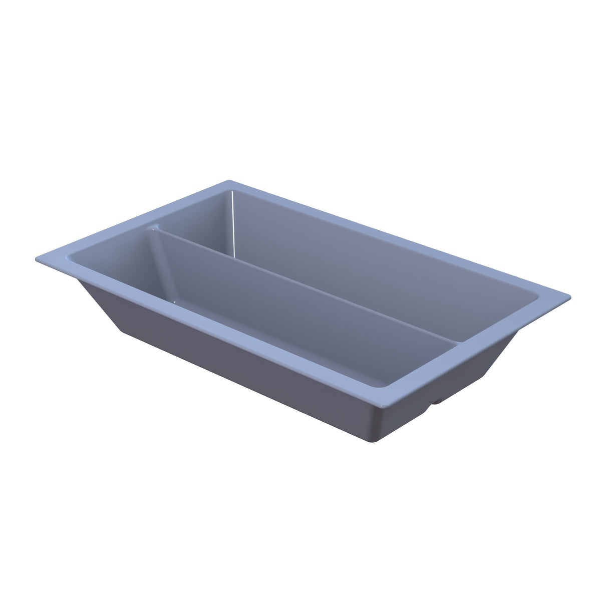 A rectangular, gray Aurora Collection Food Pan with a central divider splits it into two equal sections. Made from Duracoat coated cast aluminum, this cold holding food pan features a flat rim and slightly tapered sides against a white background.