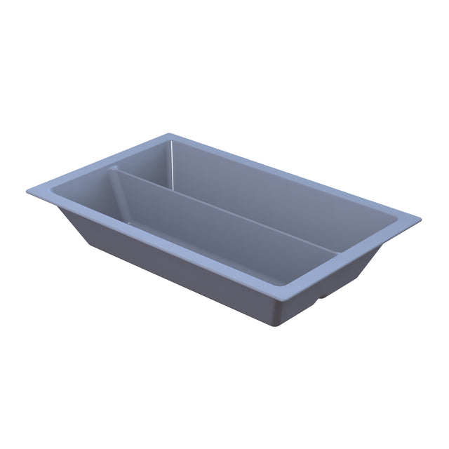 A rectangular, gray Aurora Collection Food Pan with a central divider splits it into two equal sections. Made from Duracoat coated cast aluminum, this cold holding food pan features a flat rim and slightly tapered sides against a white background.