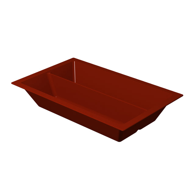 A rectangular, deep red Aurora Collection Food Pan with angled sides and a raised divider down the center forms two separate compartments. The tray is shown on a white background. Ideal as a cold holding food pan for versatile serving needs.