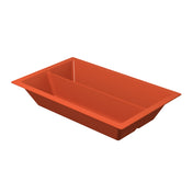 A rectangular, orange plastic food pan with a built-in divider creating two separate compartments, displayed on a white background. The sides are angled outward, the edges are flat and slightly extended, and it is dishwasher safe.