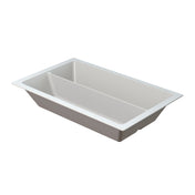 Rectangular, white plastic tray with a single partition spaced unevenly divides the tray into two sections. This cold holding food pan has smooth sides, a flat lip around the edge, and is shown on a plain white background.
