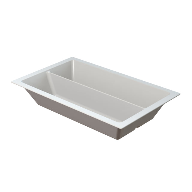 Rectangular, white plastic tray with a single partition spaced unevenly divides the tray into two sections. This cold holding food pan has smooth sides, a flat lip around the edge, and is shown on a plain white background.