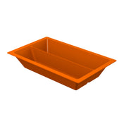 A rectangular, orange Aurora Collection Food Pan with a central divider creates two compartments. Made of Duracoat coated cast aluminum, the tray has slightly tapered sides and a wide rim. The background is plain white.