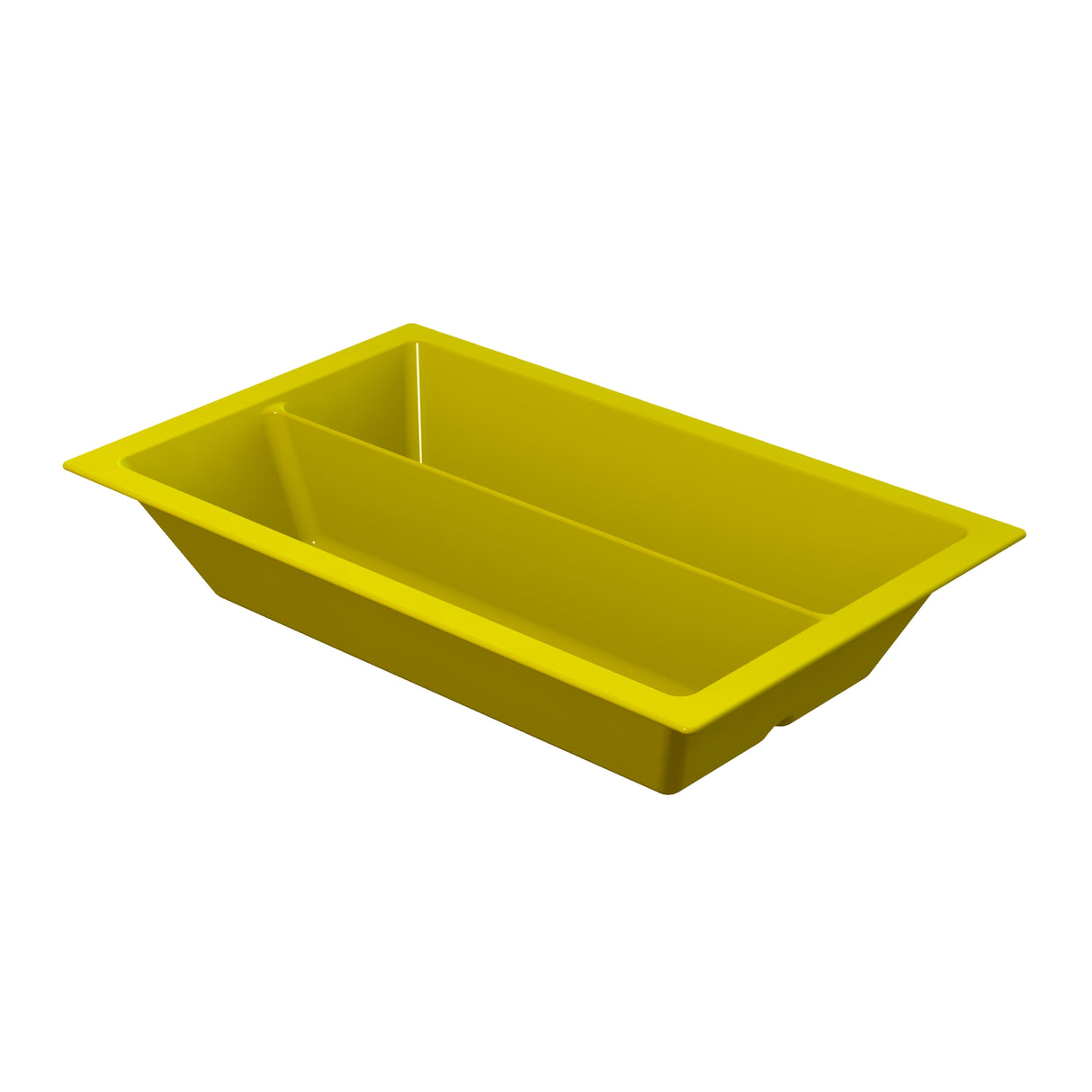 A rectangular, bright yellow food pan with a divider in the center, creating two equal compartments. The bin has slightly sloped sides and a wide rim around the top edge. Suitable for cold holding. The background is plain white.