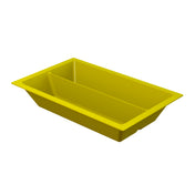 A rectangular, bright yellow food pan with a divider in the center, creating two equal compartments. The bin has slightly sloped sides and a wide rim around the top edge. Suitable for cold holding. The background is plain white.