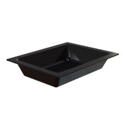 A rectangular, black Aurora Collection Food Pan with sloped sides and a wide, flat rim. The cold holding food pan is empty and viewed from an angle, showing its depth and smooth interior against a plain white background.