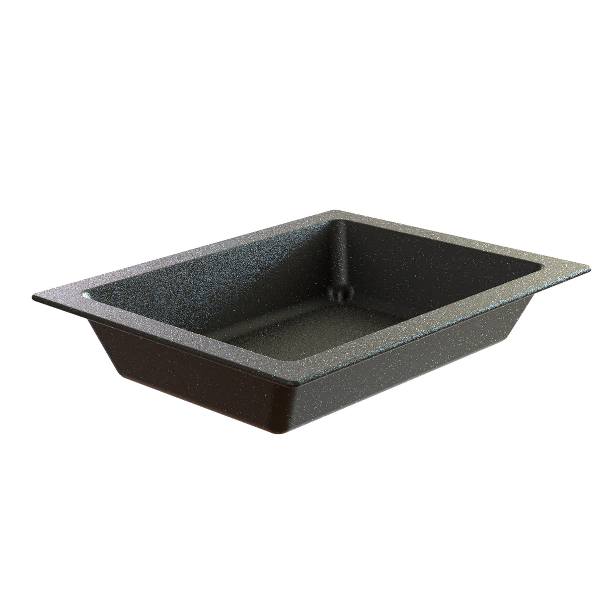 A speckled black Aurora Collection Food Pan with sloped sides and a flat rim, shown empty against a white background. Made from Duracoat coated cast aluminum, this sturdy pan is ideal for baking, roasting, or cold holding food.