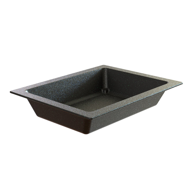 A speckled black Aurora Collection Food Pan with sloped sides and a flat rim, shown empty against a white background. Made from Duracoat coated cast aluminum, this sturdy pan is ideal for baking, roasting, or cold holding food.