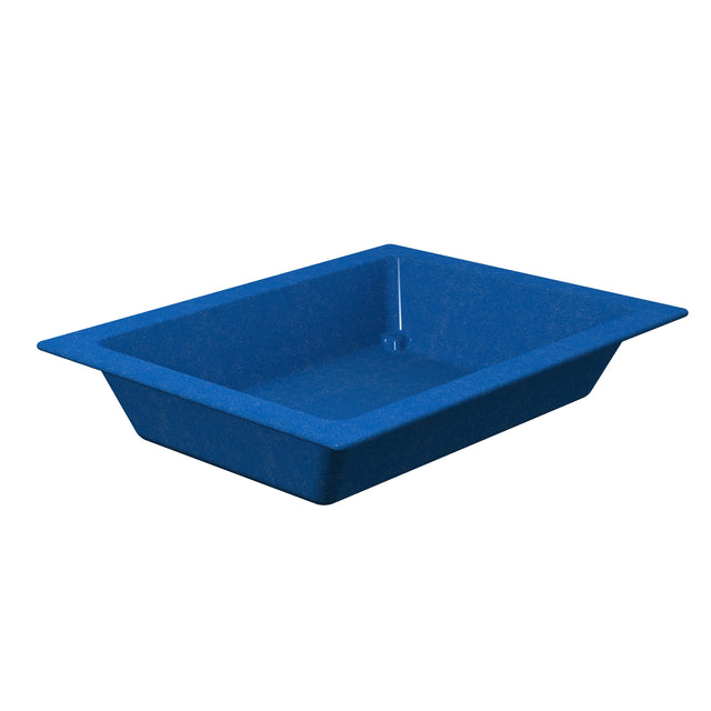 A rectangular, shallow blue plastic bin from the Aurora Collection Food Pan range, with angled sides and a slightly raised rim. The sturdy cold holding food pan is empty, sitting on a white background and shown from an angled perspective.