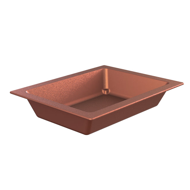 A rectangular, copper-colored Aurora Collection Food Pan with slightly flared sides and a flat rim around the top. Made from Duracoat coated cast aluminum, its smooth interior and rounded corners create a sleek, modern look against the white background.