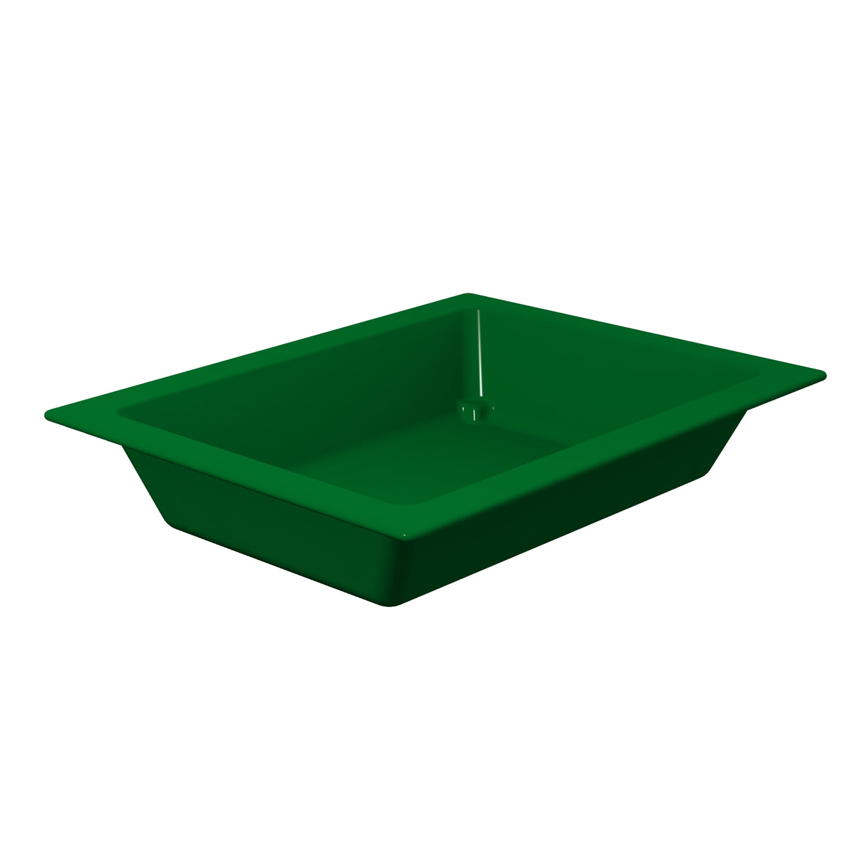 A rectangular, deep green Aurora Collection Food Pan with wide, flat edges and slightly sloped sides. Set against a white background, this cold holding food pan’s simple design is ideal for serving, organizing, or keeping items chilled.