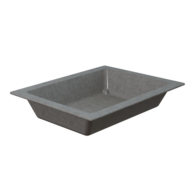 Rectangular gray utility sink made of textured material with a wide, flat rim and sloped inner sides. The deep basin, reminiscent of a Duracoat coated cast aluminum cold holding food pan, highlights its simple, industrial design.