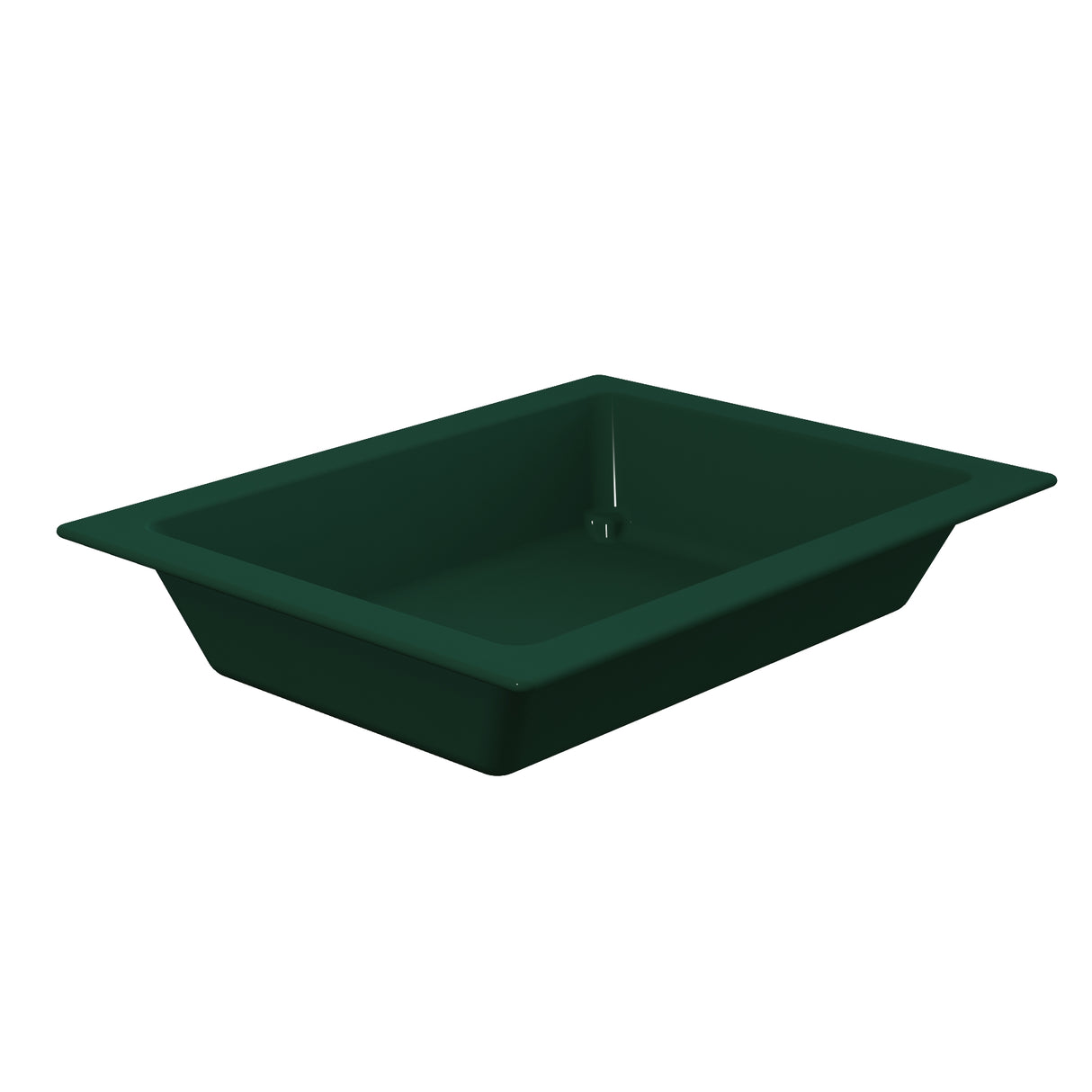 A rectangular, deep green Aurora Collection Food Pan with wide, flat edges and sloped sides. Made of Duracoat coated cast aluminum, the tray has a smooth finish and appears empty, shown angled slightly against a white background.