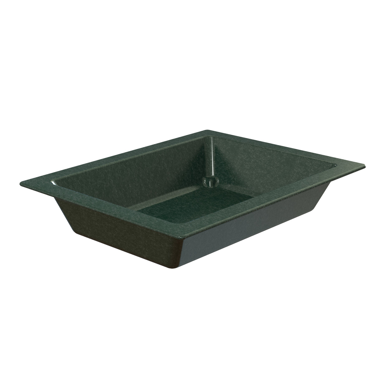 A dark green, rectangular, undermount kitchen sink with a smooth, matte finish. Inspired by the Aurora Collection Food Pan, its sloped sides and flat rim evoke the elegance of a Duracoat coated cast aluminum cold holding pan. Central drain hole visible at one end.