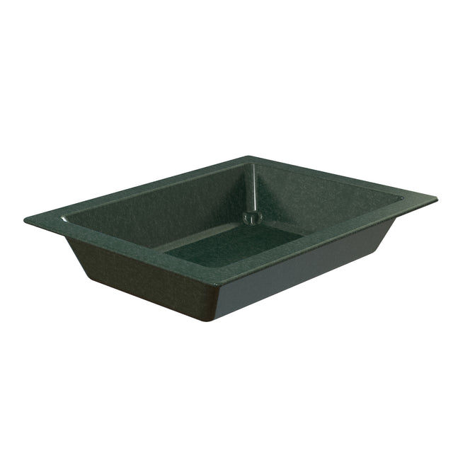 A dark green, rectangular, undermount kitchen sink with a smooth, matte finish. Inspired by the Aurora Collection Food Pan, its sloped sides and flat rim evoke the elegance of a Duracoat coated cast aluminum cold holding pan. Central drain hole visible at one end.