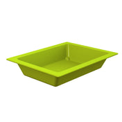 A rectangular, bright green food pan with slightly sloped sides and a wide rim, shown on a white background. The tray appears empty and has smooth surfaces, making it ideal for cold holding or serving items.