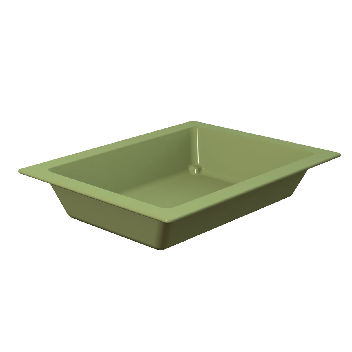A rectangular, shallow, olive green Aurora Collection Food Pan with slightly angled sides and a wide rim sits on a white background. Made of Duracoat coated cast aluminum, this cold holding food pan boasts a modern, minimalist design.