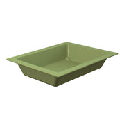 A rectangular, shallow, olive green Aurora Collection Food Pan with slightly angled sides and a wide rim sits on a white background. Made of Duracoat coated cast aluminum, this cold holding food pan boasts a modern, minimalist design.