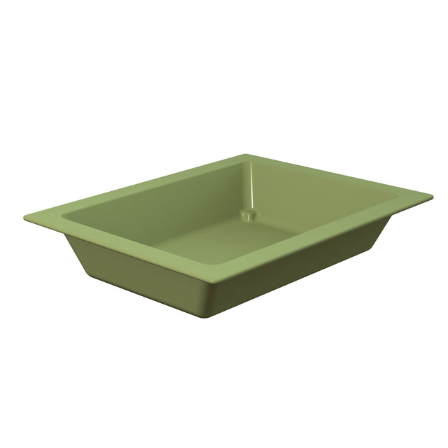 A rectangular, shallow, olive green Aurora Collection Food Pan with slightly angled sides and a wide rim sits on a white background. Made of Duracoat coated cast aluminum, this cold holding food pan boasts a modern, minimalist design.