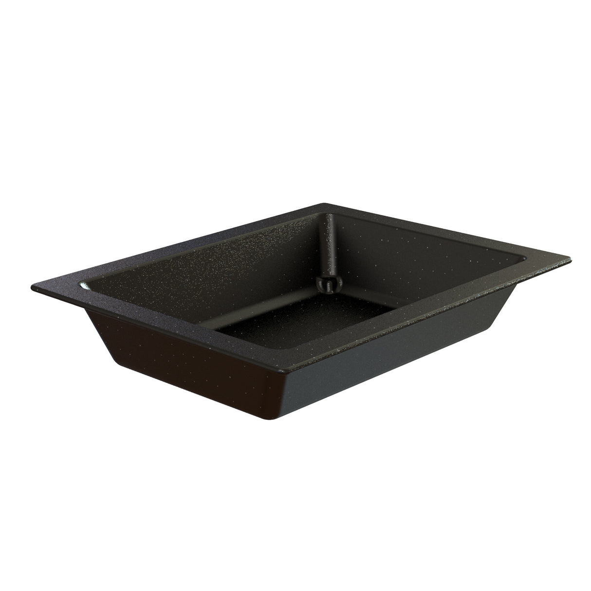 A black, rectangular cast aluminum food pan with slightly sloped sides and a wide lip around the top edge, designed for commercial kitchen or buffet cold holding use. The speckled surface adds durability. The empty pan is shown on a white background.