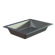 A rectangular, deep cast aluminum food pan with sloped sides and a small drain hole near one corner. The sink features a wide, flat rim and smooth, shiny surface against a plain white background, emphasizing its clean, modern design.