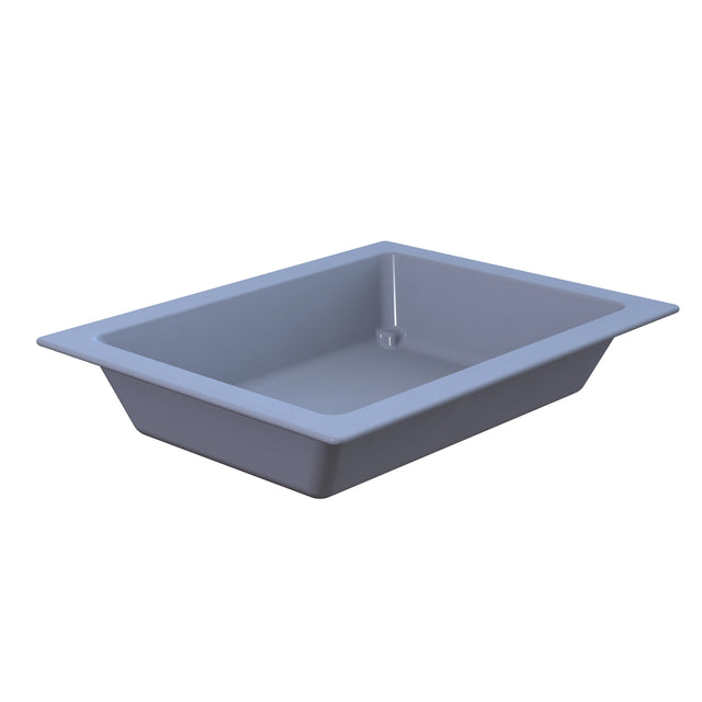A rectangular, gray food pan with wide flared edges and a deep basin is shown on a white background. Ideal for cold holding, the pan is empty and slightly angled to display its depth and smooth inner surface.