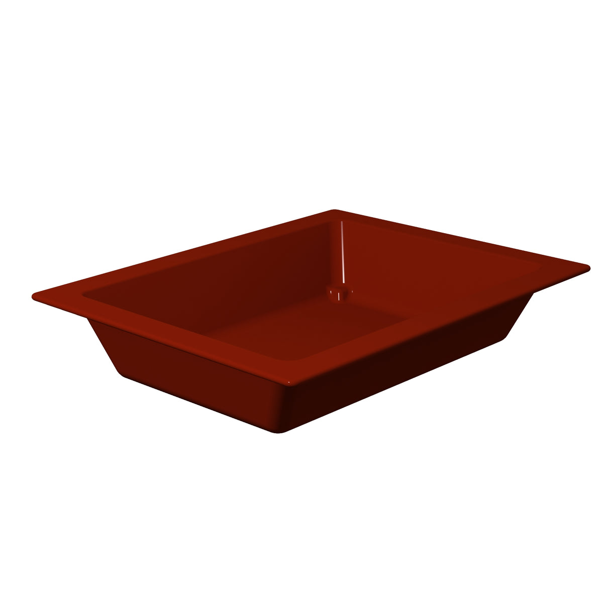 A rectangular, deep, red plastic food pan with angled sides and a wide rim, shown on a white background. The tray is empty and viewed from an angle, highlighting its depth and clean, modern design.