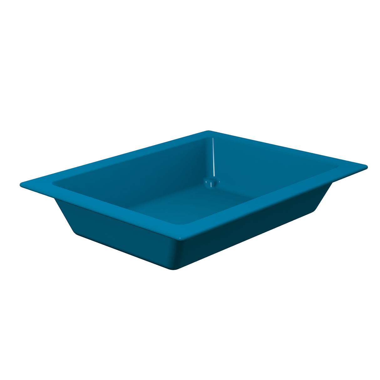 A blue, rectangular plastic food pan with slanted sides and a wide rim, shown on a white background. The tray appears empty and is designed for holding or containing items.