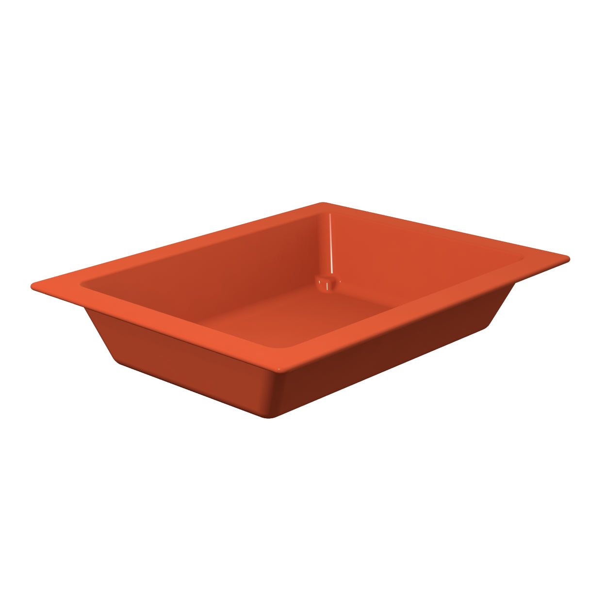 A rectangular, deep orange tray from the Aurora Collection Food Pan line, featuring flared sides, slightly rounded corners, and a flat wide rim. Made of smooth plastic, this cold holding food pan is empty and set against a plain white background.