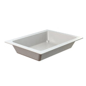 A rectangular, white, deep Aurora Collection Food Pan with flared sides and a flat rim is positioned at an angle on a plain background. The smooth Duracoat coated cast aluminum surface is ideal for holding food, liquids, or other items.