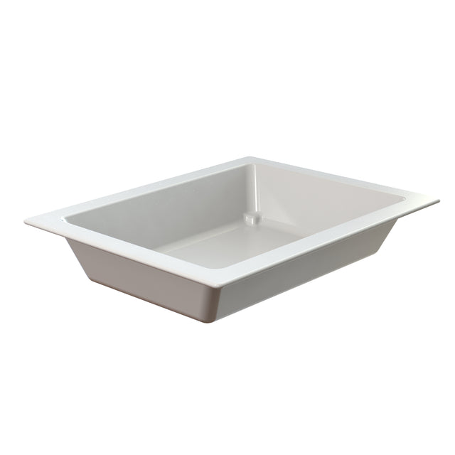 A rectangular, white, deep Aurora Collection Food Pan with flared sides and a flat rim is positioned at an angle on a plain background. The smooth Duracoat coated cast aluminum surface is ideal for holding food, liquids, or other items.